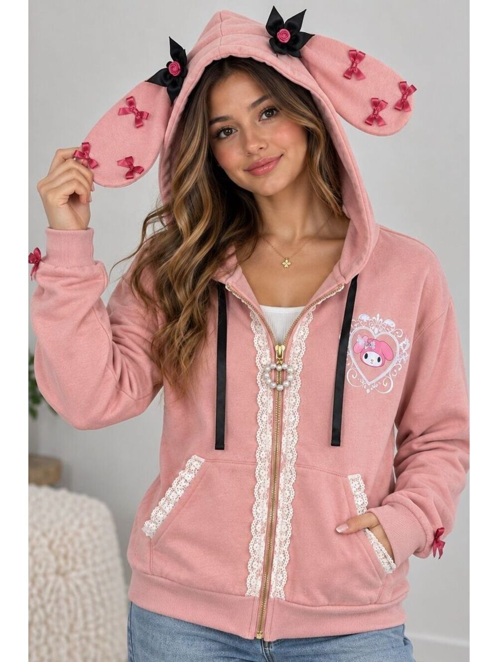 Hot Topic Sanrio Kuromi My Melody Pink Zip Hoodie Ears Bow Kawaii XL